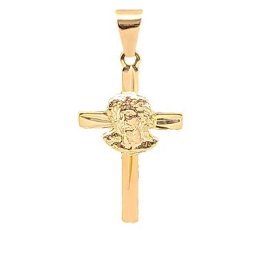 Imagem de Pingente Diamantado Cruz com Rosto de Cristo Banhado a Ouro 18k 20mm