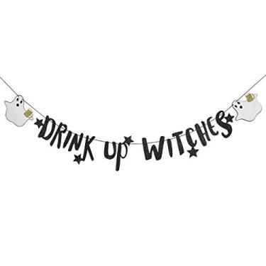 Imagem de Banner Drink Up Witches preto com purpurina, decoração de casa assombrada de festa de Halloween