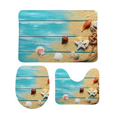 Imagem de Conjunto de 3 peças de tapete de banheiro conchas estrela do mar praia estilo chique tapete antiderrapante com contorno + tampa de vaso sanitário + tapete de banheiro