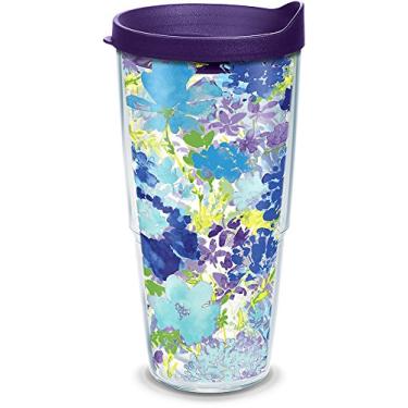 Imagem de Tervis Made in USA Copo isolado Fiesta de parede dupla mantém as bebidas frias e quentes, 680 g - tampa roxa, floral roxo