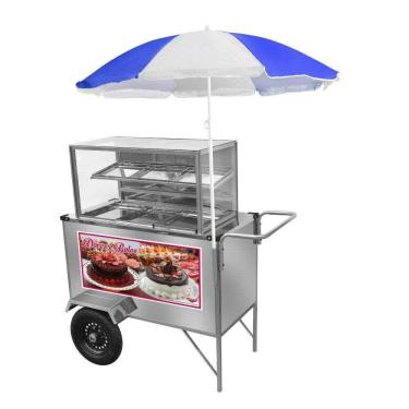 Imagem de Carrinho de Doces e Bolos Inox Guarda Sol Rodas Pneumáticas
