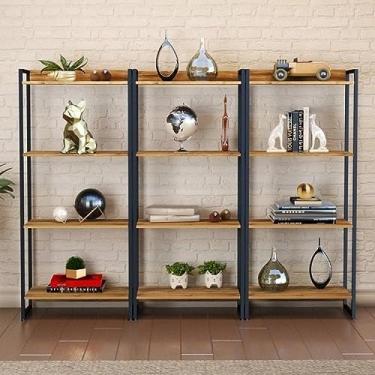 Imagem de Conjunto 3 Estantes para Livros Médias Industrial Aço 4 Prateleiras 146x60cm Active Yescasa Carvalho