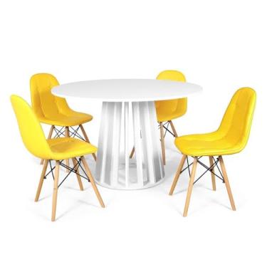 Imagem de Conjunto Mesa de Jantar Redonda Talia Branca 120cm com 4 Cadeiras Eiffel Botonê - Amarelo