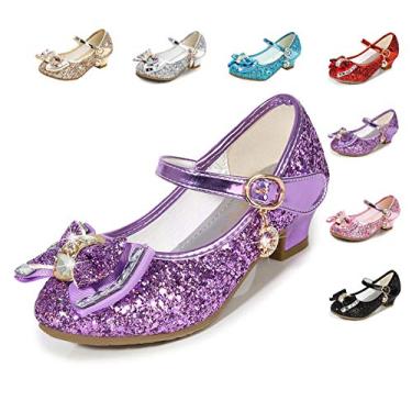 Imagem de ZJBPHL Sapatos femininos de salto baixo flor festa casamento princesa Mary Jane sapatos (bebê/criança pequena/criança grande), Roxo - 01, 4 Big Kid