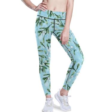 Imagem de KLL Leggings de ioga estampadas com ramos de visco com frutas vermelhas para mulheres cintura alta esportiva ioga de cintura alta, Ramos de visco com frutas vermelhas, P