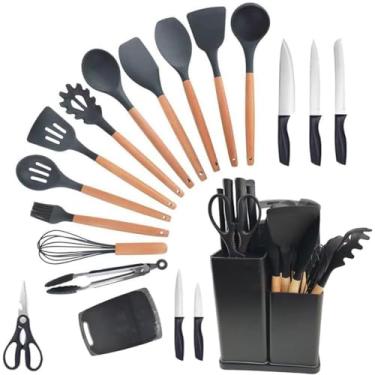 Imagem de Belifou 19 Peças Jogo Utensilios Cozinha Conjunto de Utensílios de Cozinha de Silicone Com Cabo de Madeira Tábua de Cortar Conjunto de Faca Antiaderente Colheres de Silicone Espátulas (Preto)