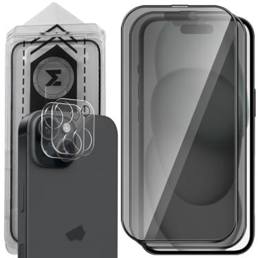 Imagem de MONASAY Protetor de tela de vidro de privacidade [pacote com 2] adequado para iPhone 15 Plus de 6,7 polegadas [2 protetores de lente de câmera] Película de tela temperada fosca anti-peep amigável