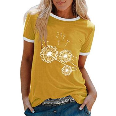 Imagem de Blusas femininas modernas de manga curta grandes elegantes estampadas para sair blusa casual de verão blusa rodada túnica atlética, Amarelo, Tamanho Único