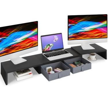 Imagem de TEAMIX Suporte duplo de madeira para monitor com gavetas - comprimento e ângulo ajustável triplo suporte para monitor com armazenamento grande para computador 2/3 monitores/notebooks/PC/impressoras