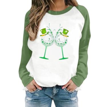 Imagem de Camiseta feminina com estampa de bandeira americana verde de manga comprida Dia de São Patrício Lucky Mama, Vinho, M