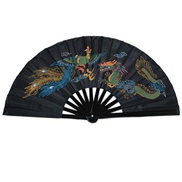 Imagem de Medifier Ventilador dobrável de bambu chinês de Kung Fu Tai Chi para fãs de artes de dança/prática (fundo preto de dragão e fênix)