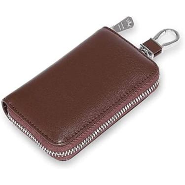 Imagem de Carteira de porta-chaves, porta-chaves de carro, porta-chaves de couro genuíno bolsa de chaves de carro à prova d'água portátil com zíper bolsa porta-cartões carteira com 6 ganchos homens mu