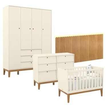 Imagem de Quarto de Bebê Unique 4 Portas com Cômoda 6 Gavetas e Painel Farm com Led Off White Eco Wood - Matic