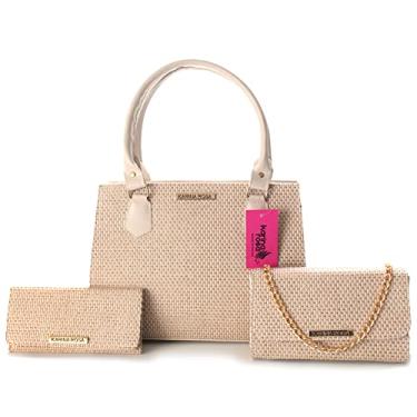 Imagem de Bolsa Feminina Grande Executiva De Ombro + Bolsa Festa Tiracolo Corrente Clutch + Carteira Karina Rosa (Marfim)