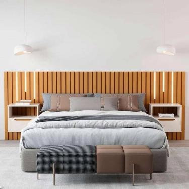 Imagem de Cabeceira Ripado Para Cama de Casal/Queen Maracá Nature Com 2 Mesa de Cabeceira Jatobá Com Led OffWhite - Rede Móveis