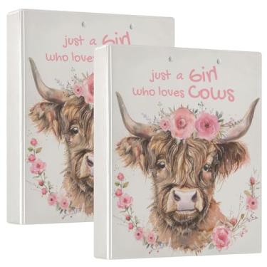 Imagem de Fichários de vaca Highland de 3,8 cm, tamanho de papel A4, capa dura decorativa fofa com bolsos internos e 3 anéis, organizador de fichário floral rosa para casa, escola, material de escritório