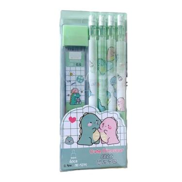 Imagem de Lápis de núcleo contínuo de desenho animado de 0,5 mm sem afiar, desenhar e escrever 2B Caixa de dinossauro automática pequena (4 canetas + 1 caixa de refil de caneta)