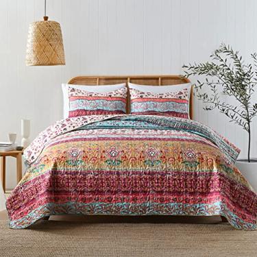 Imagem de Conjunto de colcha estilo boho queen reversível boêmio com listras florais e colchas para todas as estações, colcha de cama de tamanho completo com 2 fronhas combinando (3 peças)