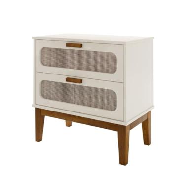 Imagem de mesa de cabeceira classico retrô Santorini 60cm pes de madeira c/telinha sintetica nas 2 gavetas (Off White)