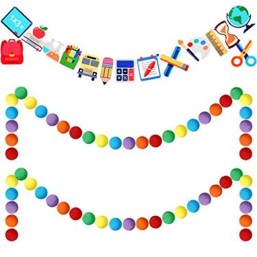 Imagem de Guirlanda de bola de feltro colorida, 3 peças, sala de aula, retorno às aulas, pompom, guirlanda de bola feita à mão para sala de aula e decoração de celebração