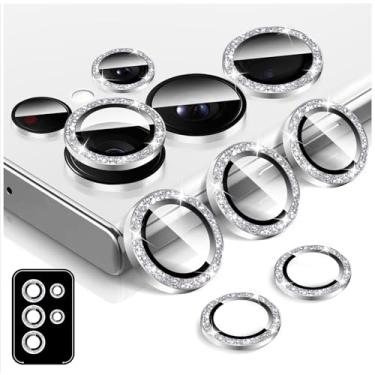 Imagem de LucBuy Protetor de lente de câmera Bling para Samsung Galaxy S24 Ultra, adesivos de filme de cobertura de câmera de vidro temperado, protetor de tela de anel de metal individual de alinhamento