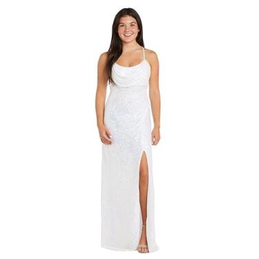 Imagem de Nightway Vestido feminino longo de lantejoulas com gola drapeada, fenda frontal e tiras nas costas, Arco-íris branco, 44