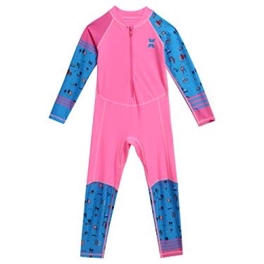 Imagem de IDOPIP Roupa de banho infantil para meninos e meninas Color Block, manga comprida, Rash Guard, roupa de banho, Rosa - Menina, 6-7 Anos