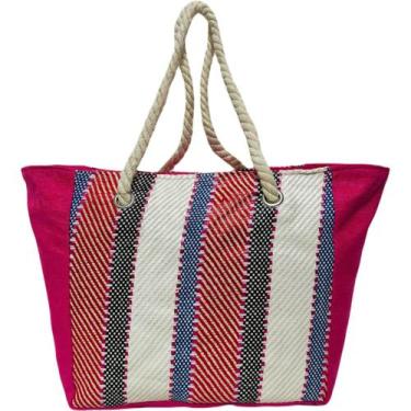 Imagem de Bolsa de Praia Rosa Escuro Colorida Feminina Listrada Alça Verão Pisci