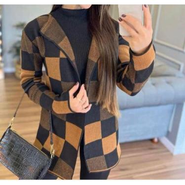 Imagem de casaco feminino tipo cardigan estampa xadrez, kimono de frio, sobretud