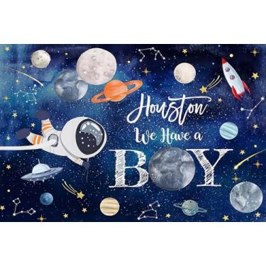 Imagem de Pano de fundo para chá de bebê, espaço sideral, galáxia, planetas, astronauta, decoração de chá de bebê, Houston We Have a Boy Baby Show, pano de fundo para chá de bebê