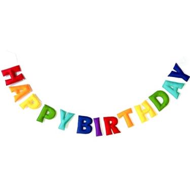 Imagem de Guirlanda de aniversário de feltro | Guirlanda de feliz aniversário | Faixa de feltro com tema de arco-íris | Decoração de festa de aniversário (tema arco-íris)