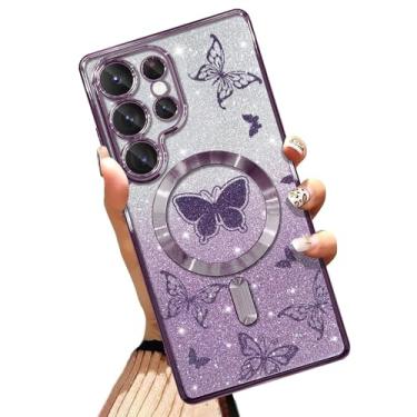 Imagem de AIGOMARA Capa de telefone feita para celular ultra [compatível com carregamento sem fio] design borboleta macio TPU glitter Bling capa à prova de choque anti-arranhões para mulheres - roxo