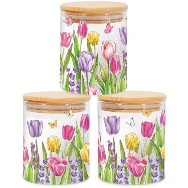 Imagem de JarThenaAMCS 3 potes de armazenamento de vidro de lavanda tulipa com tampa hermética conjuntos de recipientes decorativos de borboleta de flores silvestres para biscoitos, primavera, verão, fazenda