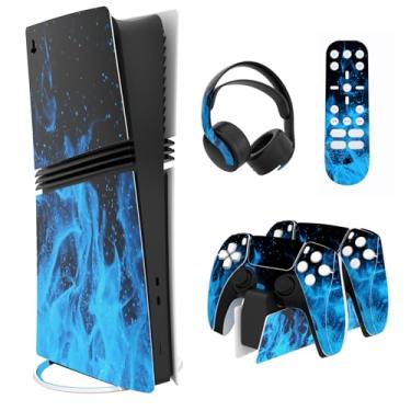 Imagem de PlayVital Conjunto completo de adesivos para console digital e disco ps5 Pro, acessórios de vinil para controle ps5, fone de ouvido, estação de carregamento e controle remoto de mídia, chama azul