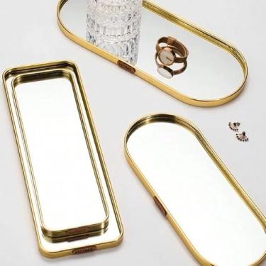 Imagem de Bandeja Espelhada Oval Decorativa, Borda Dourada, 30 x 12 cm, Multiuso