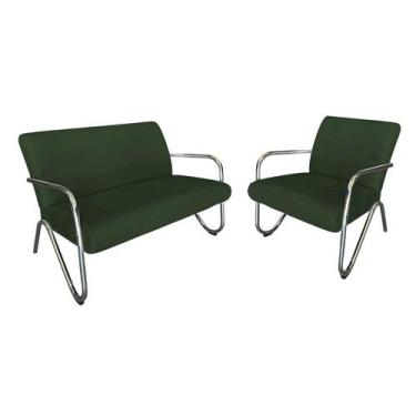 Imagem de Kit Namoradeira + Poltrona Decorativa Bela Suede Verde Braço Cromado -
