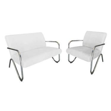 Imagem de Kit Namoradeira + Poltrona Decorativa Bela Couro Branco Braço Cromado 