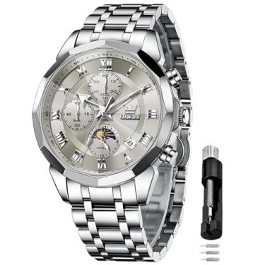Imagem de OLEVS Relógio masculino cronógrafo de aço inoxidável com mostrador de data e fase da lua – Relógio de pulso de quartzo à prova d'água com mostrador grande de 43 mm, vestido luminoso, para homens,