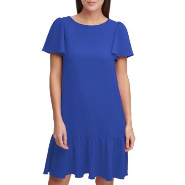 Imagem de DKNY Vestido feminino rodado de manga curta e bainha com babados, Azul cósmico, 46