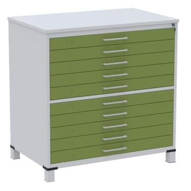 Imagem de Mapoteca 10 Gavetas Pandin 120 Cm (larg) Inmetro Tampo Mdp Cinza Estrutura Aço Cinza Gavetas Verdes