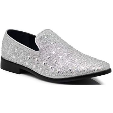 Imagem de Sapato social SPK11 masculino, estilo vintage, design de strass, mocassins, sem cadarço, clássico, de smoking, de smoking, Prata, 9.5
