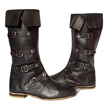 Imagem de Botas de couro medievais AnNafi com 4 fivelas | Bota de loafer inspirada no renascimento | Botas de fantasia de pirata para Halloween Caribe | Tênis masculino Viking reencenação | Bota de fantasia de montaria SCA LARP para cosplay | Botas longas, Preto, 12