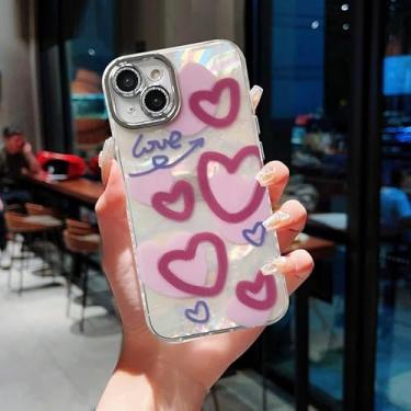 Imagem de VALRION Compatível com iPhone 15 Capa de concha fofa padrão em forma de coração protetor de lente de câmera completa com glitter, capa de telefone feminina feminina fina macia TPU brilhante brilhante