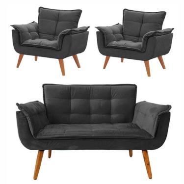 Imagem de Conjunto Chesterfield Luxo Opala sala/recepão/escritório (1 Namoradeira + 2 Poltronas) suede cinza chumbo