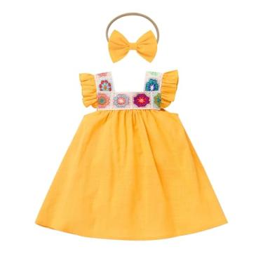 Imagem de OBEEII Vestido infantil mexicano bordado floral manga esvoaçante cinco de maio vestido de festa com faixa de cabeça, Amarelo, 6-9 Meses