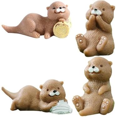 Imagem de Kit de jardim de fadas em miniatura com 4 peças – lindas estatuetas de lontra para micro paisagem, vasos de plantas, decoração de artesanato de bonsai, decorações de mesa, topos de bolo, acessórios de