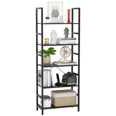 Imagem de Pshelfy Estante industrial de 5 andares, prateleira de armazenamento aberta, estante de madeira com moldura de metal, prateleiras de armazenamento independentes para escritório em casa, sala de estar