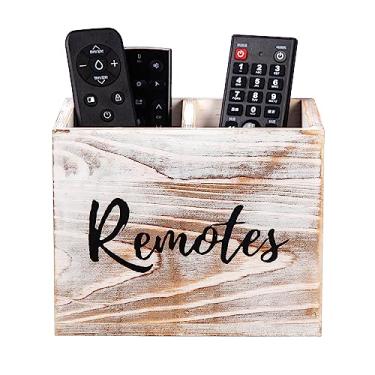 Imagem de ExoLiry Suporte de controle remoto rústico de madeira caiada de branco organizador de mesa caixa de armazenamento de madeira suprimentos Caddy console de jogos controlador de vários mídias para