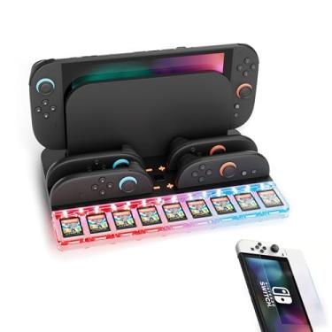 Imagem de Hounyoln Estação de carregamento para Switch 2 JoyCons e Switch 2 películas protetoras - até 4 controles Modo de luz RGB - Base de carregamento rápido, com 9 suportes de armazenamento de cartão de