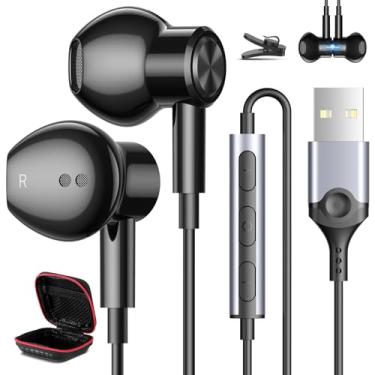 Imagem de HGCXING Fones de ouvido USB para PC, laptop, fones de ouvido magnéticos com fio de 2,3 m, fone de ouvido para computador com controle de microfone, cabo isolado de ruído silencioso, fone de ouvido